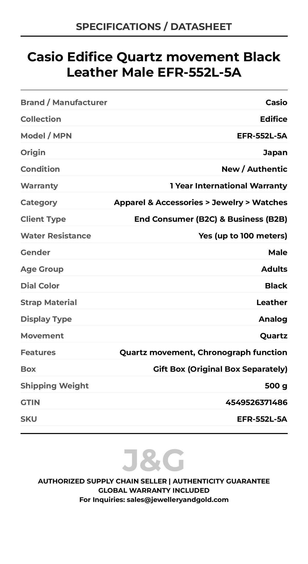 Casio Edifice Quartz movement Black Leather Male EFR-552L-5A - Specifications