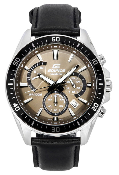 Casio Edifice Quartz movement Black Leather Male EFR-552L-5A. A brand-new Casio Edifice watch featuring a Black dial and a Leather strap. Side view.