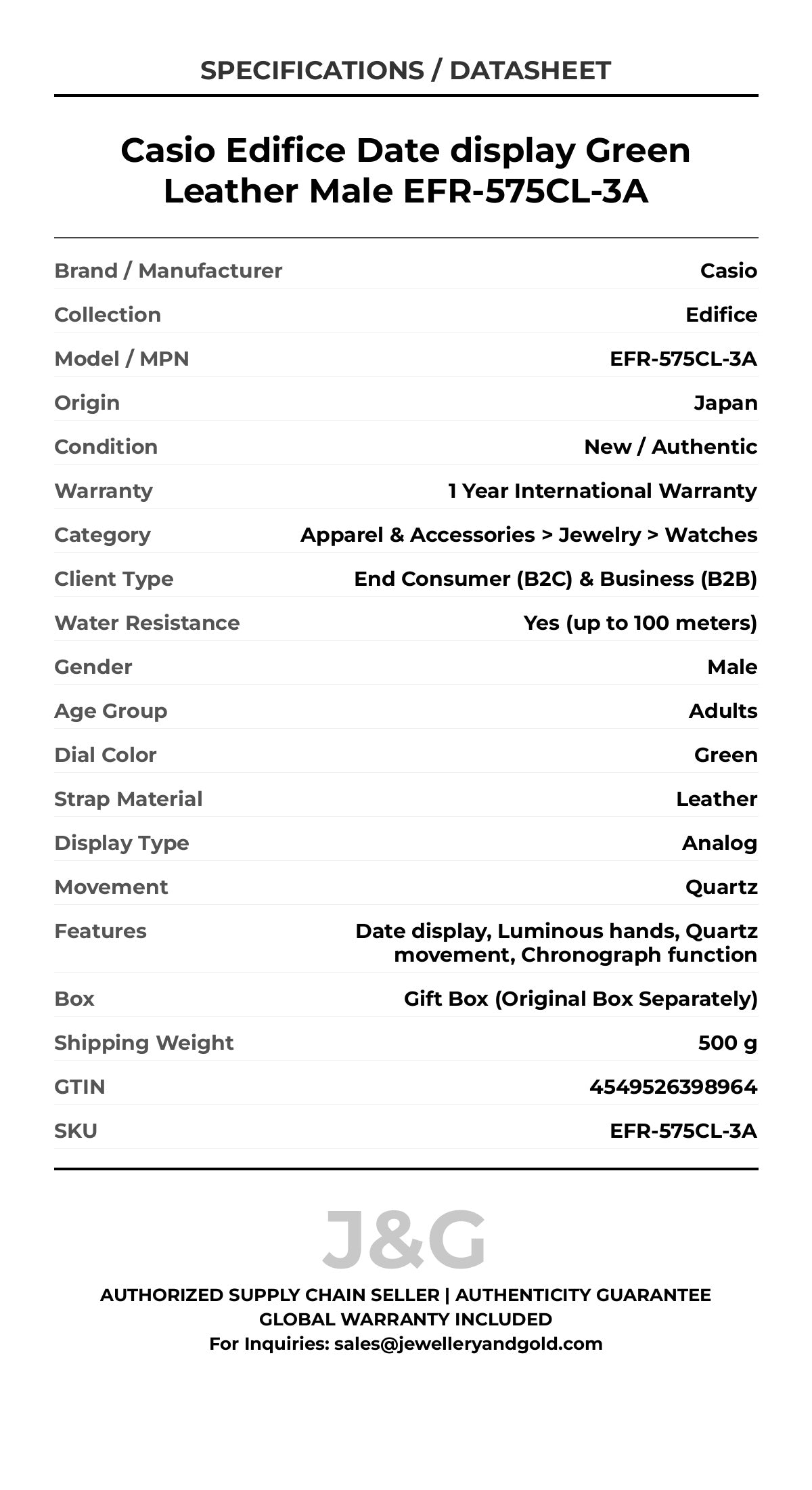 Casio Edifice Date display Green Leather Male EFR-575CL-3A - Specifications