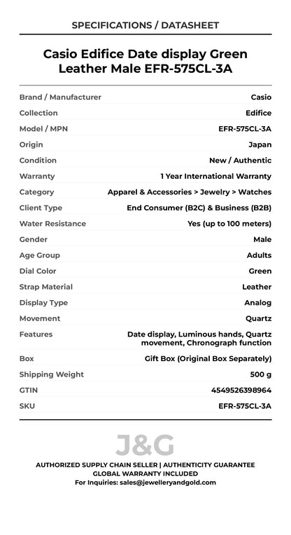 Casio Edifice Date display Green Leather Male EFR-575CL-3A - Specifications