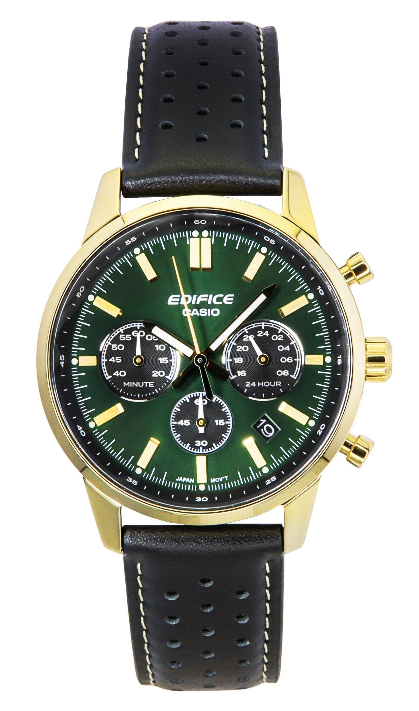 Casio Edifice Date display Green Leather Male EFR-575CL-3A. A brand-new Casio Edifice watch featuring a Green dial and a Leather strap. Angled view.