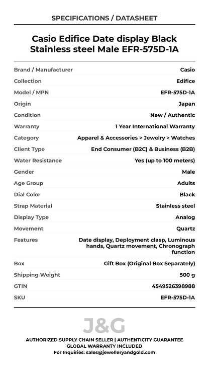 Casio Edifice Date display Black Stainless steel Male EFR-575D-1A - Specifications