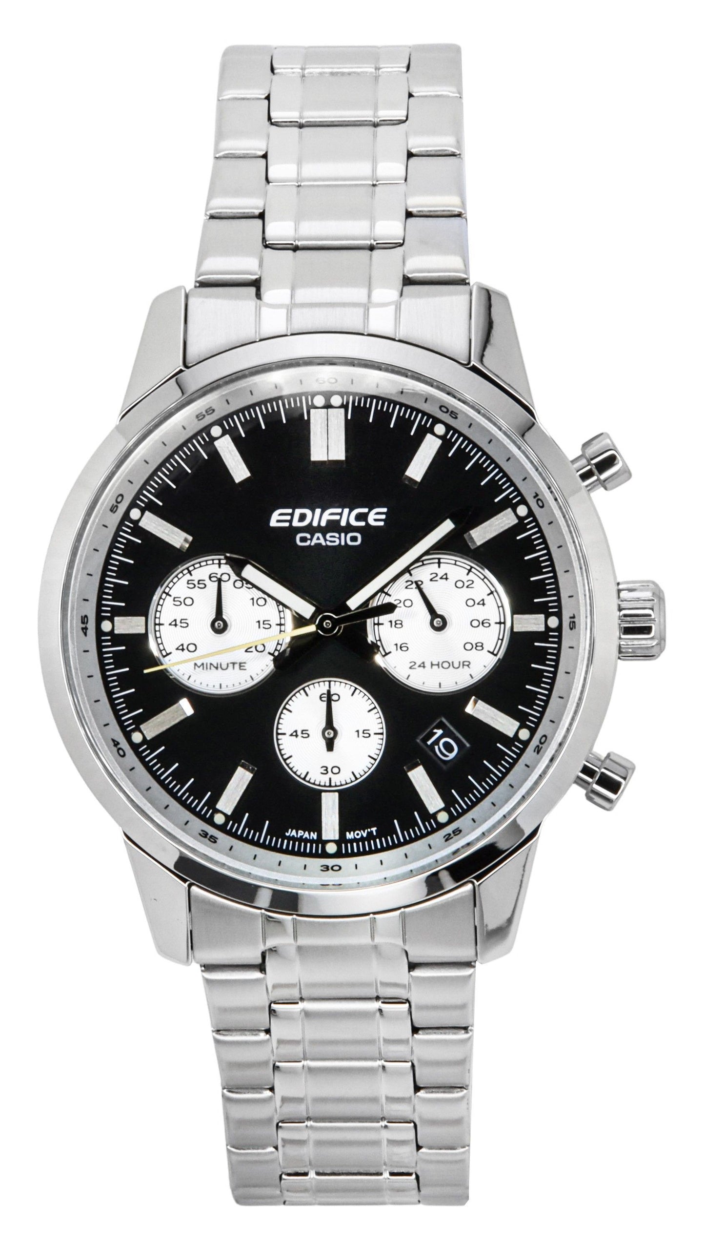Casio Edifice Date display Black Stainless steel Male EFR-575D-1A. A brand-new Casio Edifice watch featuring a Black dial and a Stainless steel strap. Side view.