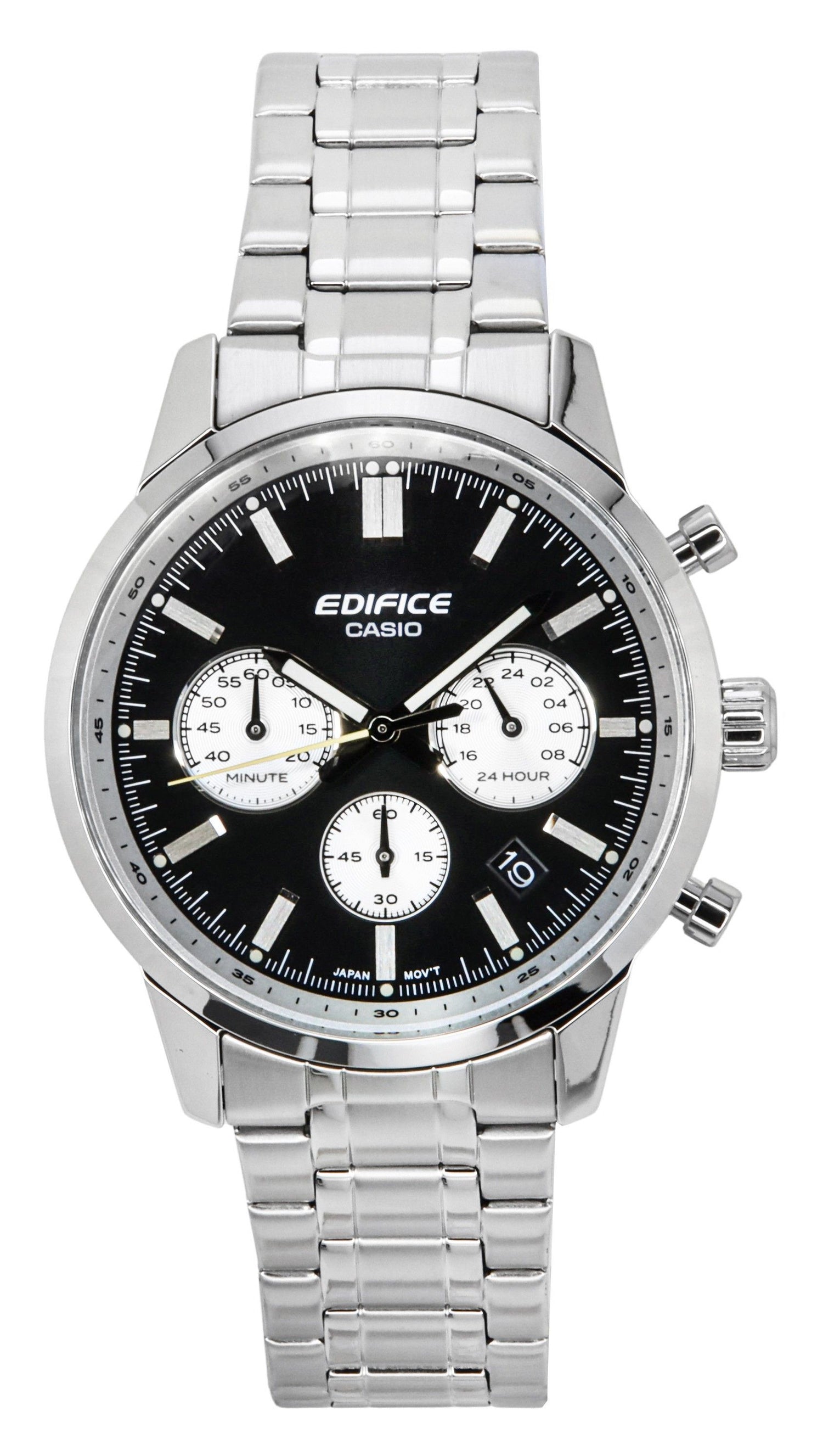 Casio Edifice Date display Black Stainless steel Male EFR-575D-1A. A brand-new Casio Edifice watch featuring a Black dial and a Stainless steel strap. Side view.