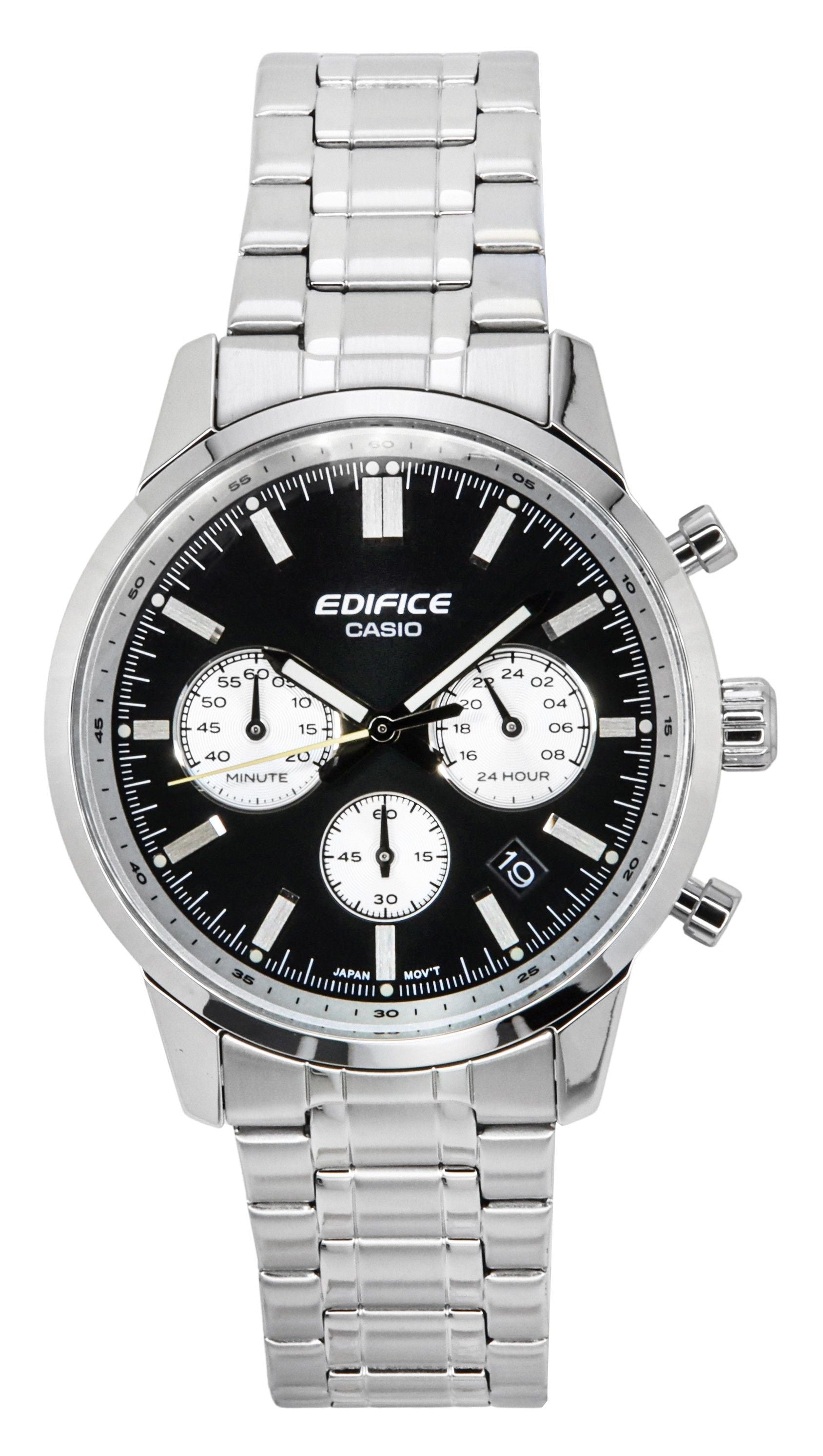 Casio Edifice Date display Black Stainless steel Male EFR-575D-1A. A brand-new Casio Edifice watch featuring a Black dial and a Stainless steel strap. Side view.
