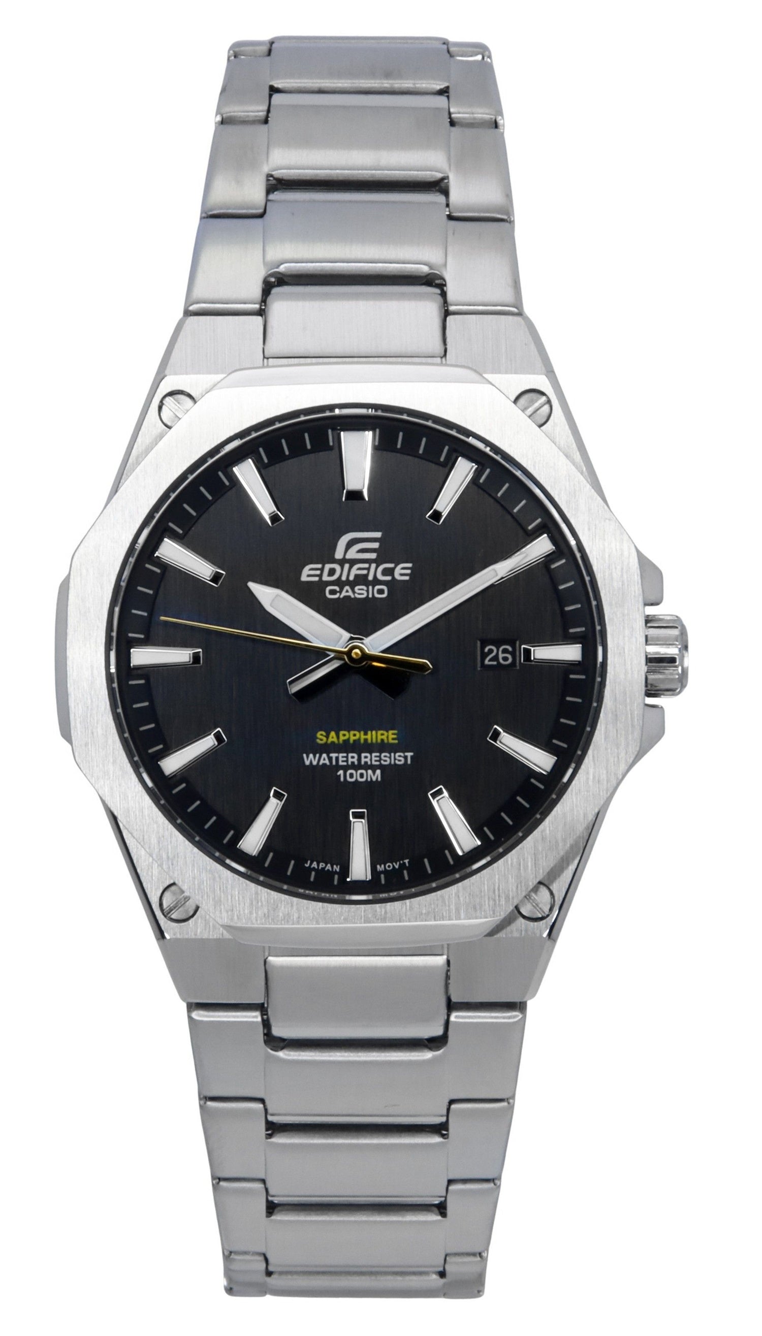 Casio Edifice Date display Black Stainless steel Male EFR-S108D-1A. A brand-new Casio Edifice watch featuring a Black dial and a Stainless steel strap. Side view.