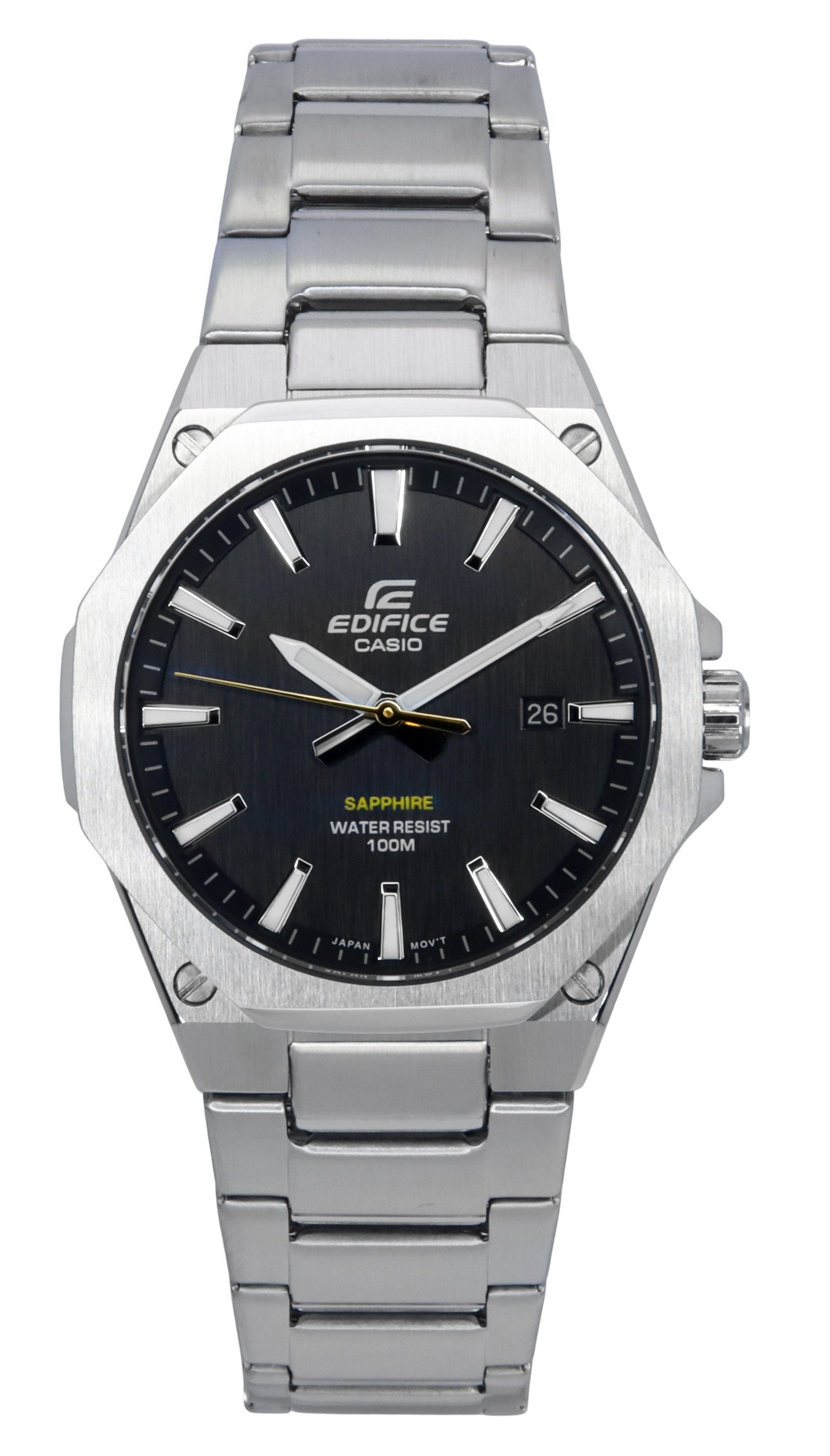 Casio Edifice Date display Black Stainless steel Male EFR-S108D-1A. A brand-new Casio Edifice watch featuring a Black dial and a Stainless steel strap. Side view.