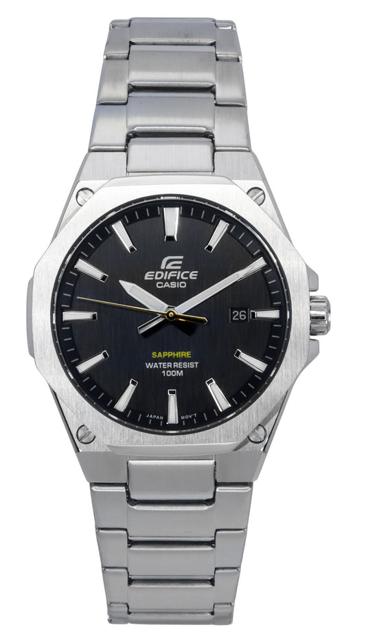 Casio Edifice Date display Black Stainless steel Male EFR-S108D-1A. A brand-new Casio Edifice watch featuring a Black dial and a Stainless steel strap. Side view.