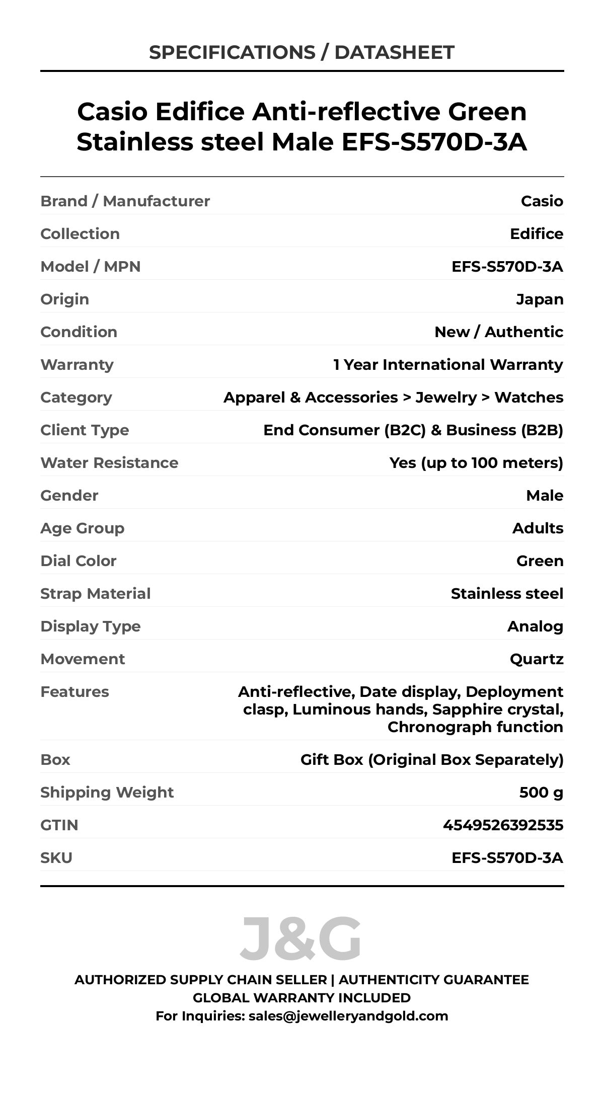 Casio Edifice Anti-reflective Green Stainless steel Male EFS-S570D-3A - Specifications