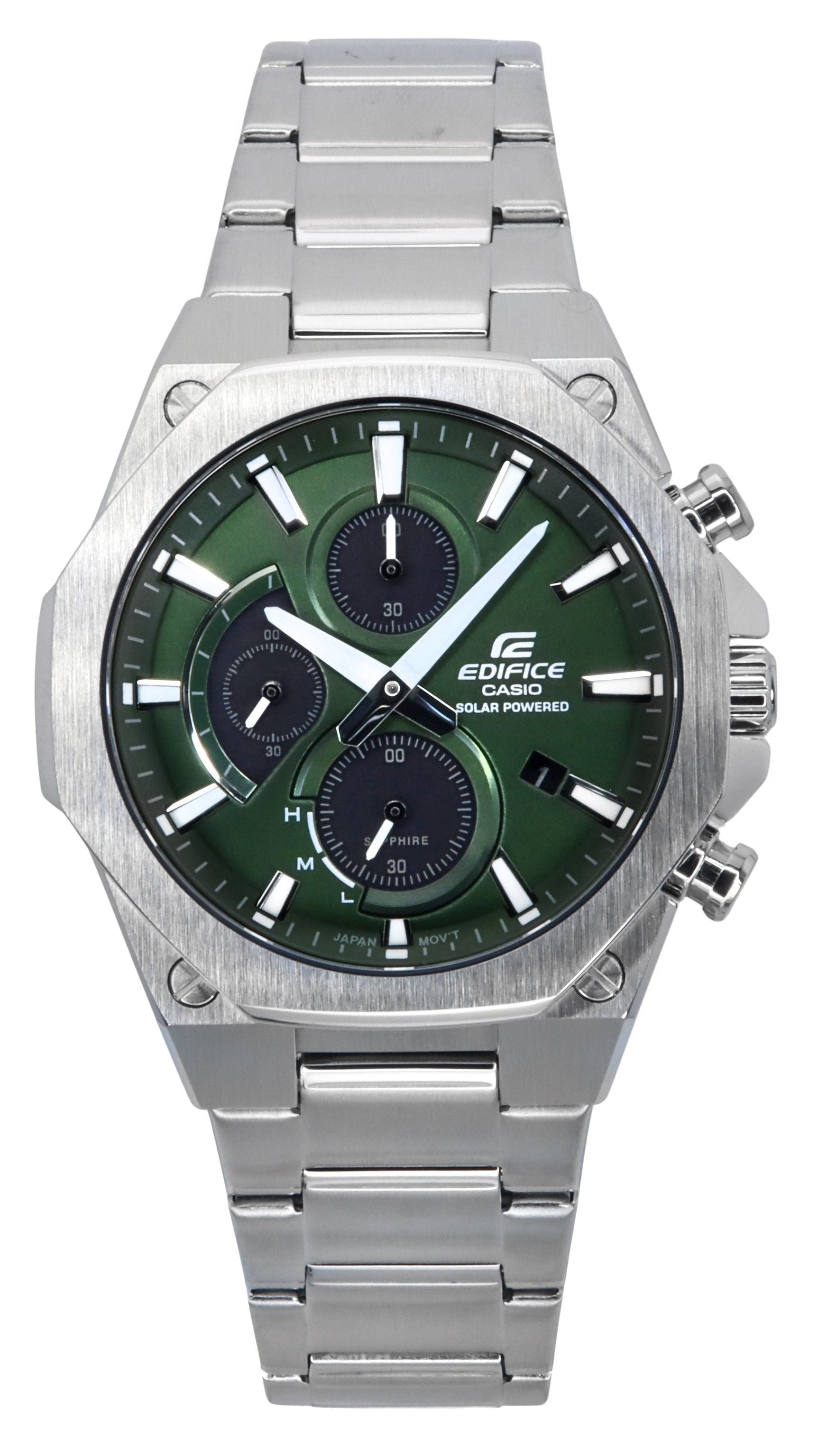 Casio Edifice Anti-reflective Green Stainless steel Male EFS-S570D-3A. A brand-new Casio Edifice watch featuring a Green dial and a Stainless steel strap. Angled view.