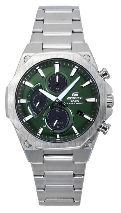 Casio Edifice Anti-reflective Green Stainless steel Male EFS-S570D-3A. A brand-new Casio Edifice watch featuring a Green dial and a Stainless steel strap. Angled view.