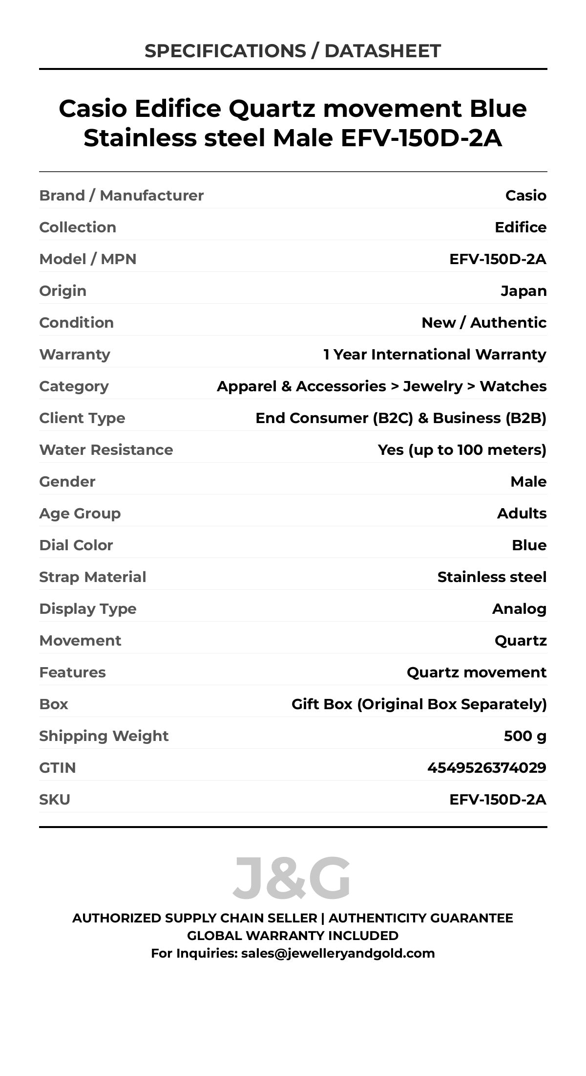 Casio Edifice Quartz movement Blue Stainless steel Male EFV-150D-2A - Specifications
