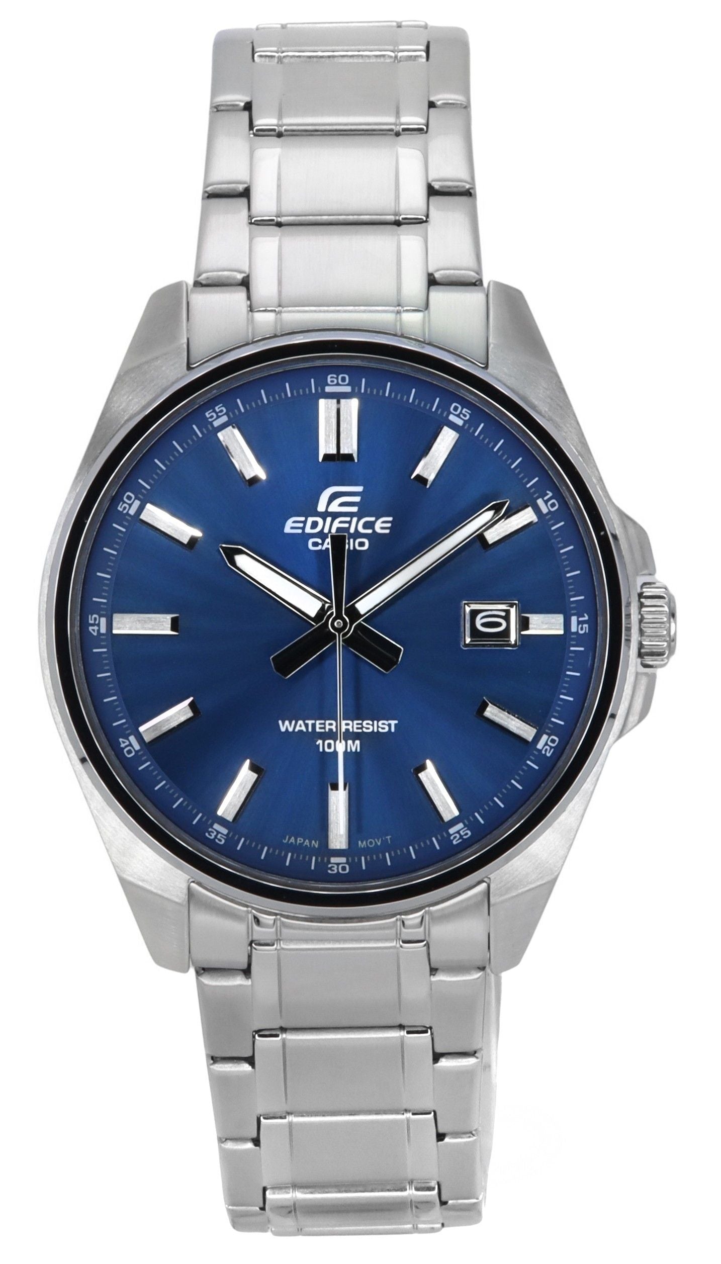 Casio Edifice Quartz movement Blue Stainless steel Male EFV-150D-2A. A brand-new Casio Edifice watch featuring a Blue dial and a Stainless steel strap. Front view.