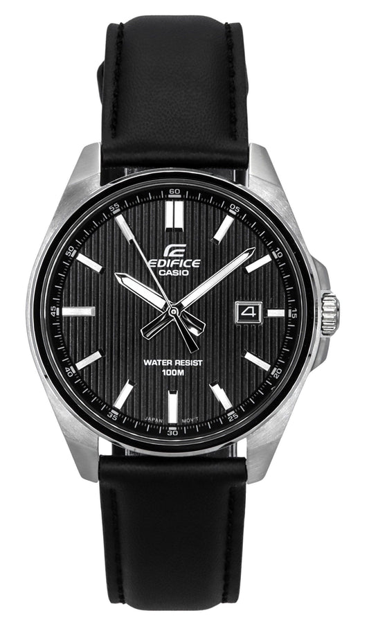 Casio Edifice Quartz movement Black Leather Male EFV-150L-1A. A brand-new Casio Edifice watch featuring a Black dial and a Leather strap. Side view.