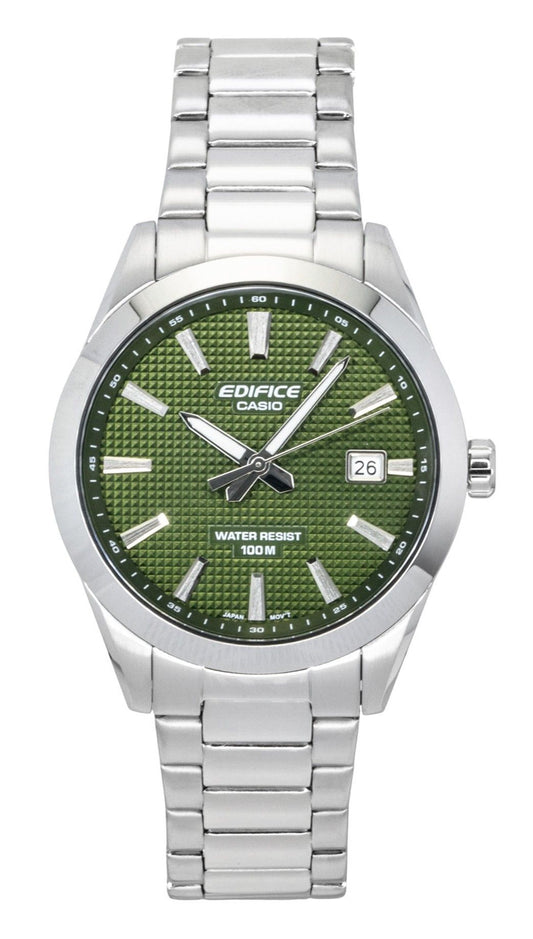 Casio Edifice Manual winding Green Stainless steel Male EFV-160D-3A. A brand-new Casio Edifice watch featuring a Green dial and a Stainless steel strap. Side view.