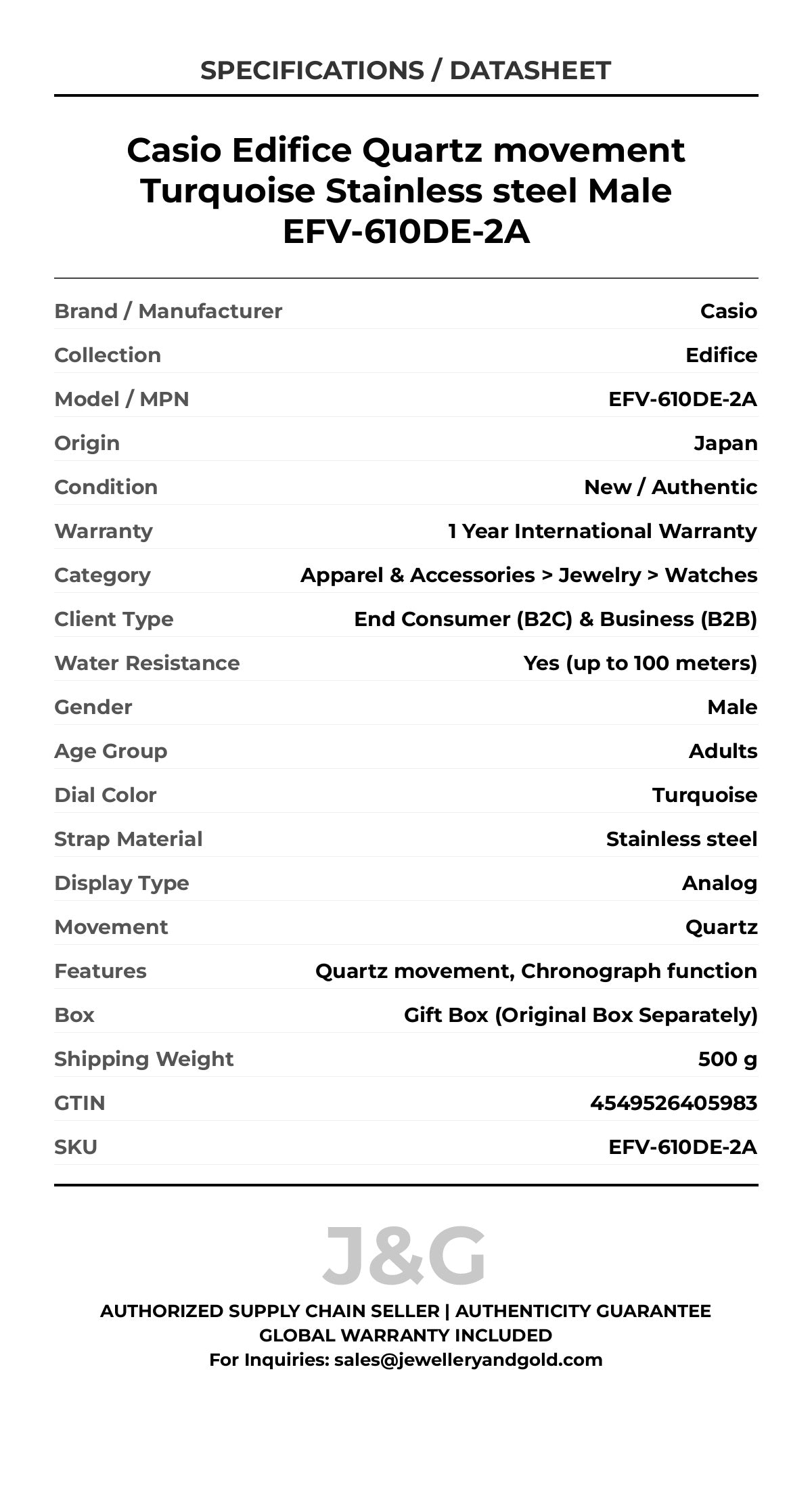 Casio Edifice Quartz movement Turquoise Stainless steel Male EFV-610DE-2A - Specifications