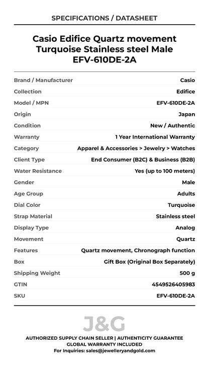 Casio Edifice Quartz movement Turquoise Stainless steel Male EFV-610DE-2A - Specifications