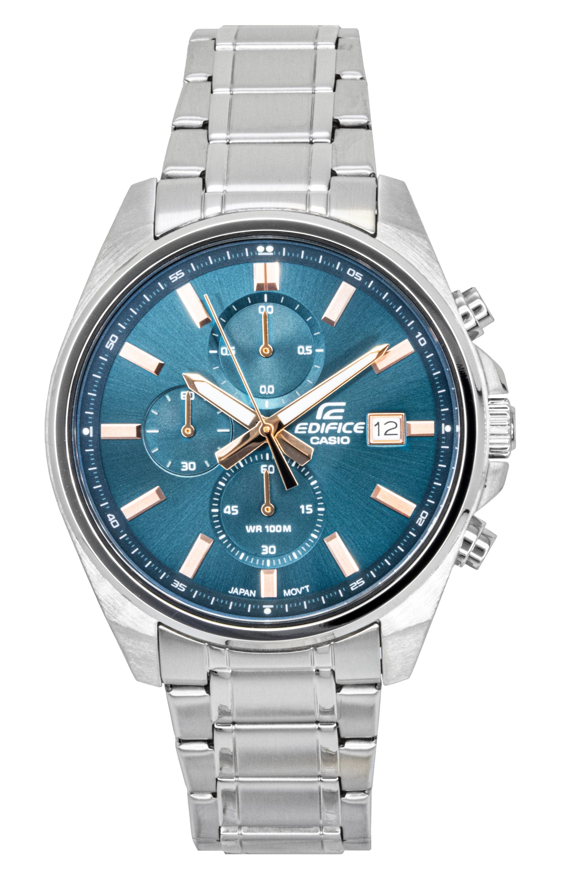 Casio Edifice Quartz movement Turquoise Stainless steel Male EFV-610DE-2A. A brand-new Casio Edifice watch featuring a Turquoise dial and a Stainless steel strap. Side view.