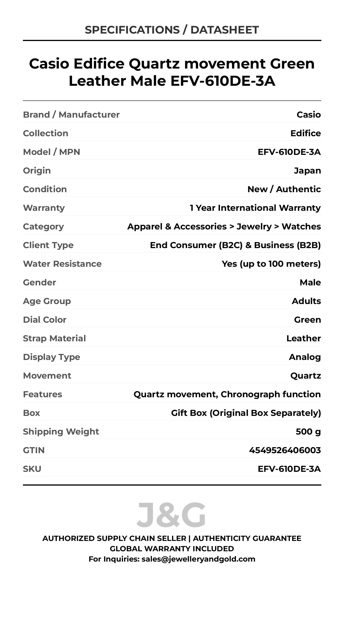 Casio Edifice Quartz movement Green Leather Male EFV-610DE-3A - Specifications