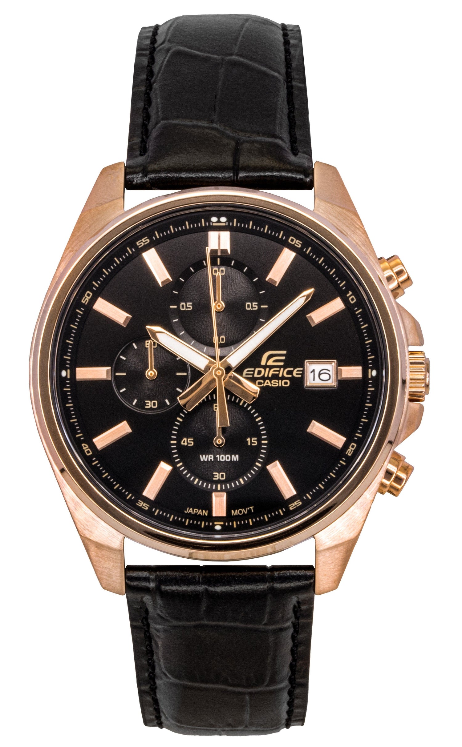 Casio Edifice Quartz movement Black Leather Male EFV-610ECL-1A. A brand-new Casio Edifice watch featuring a Black dial and a Leather strap. Angled view.