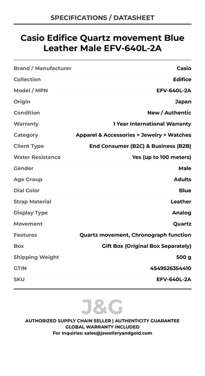 Casio Edifice Quartz movement Blue Leather Male EFV-640L-2A - Specifications
