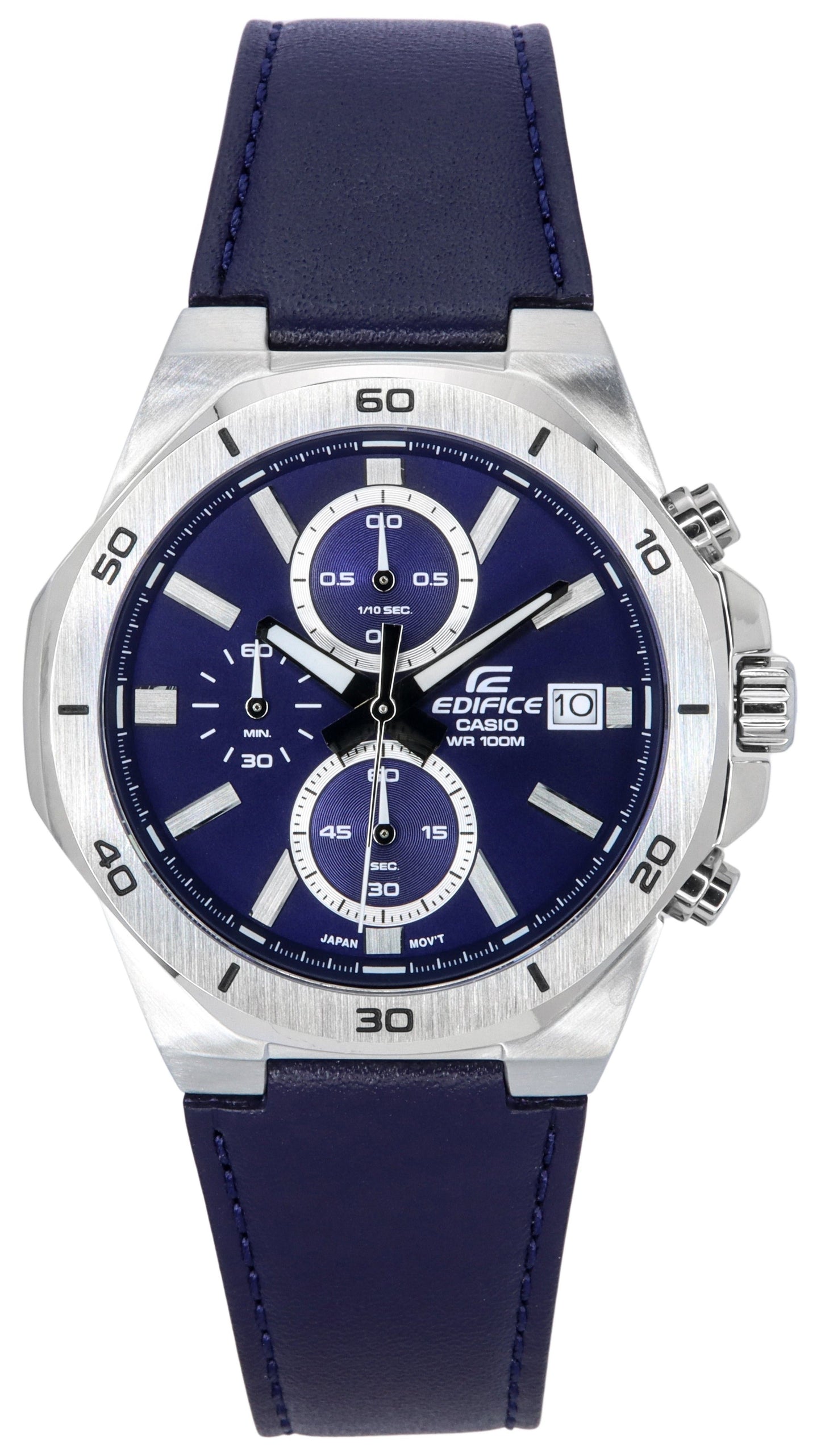 Casio Edifice Quartz movement Blue Leather Male EFV-640L-2A. A brand-new Casio Edifice watch featuring a Blue dial and a Leather strap. Side view.