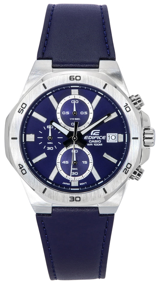 Casio Edifice Quartz movement Blue Leather Male EFV-640L-2A. A brand-new Casio Edifice watch featuring a Blue dial and a Leather strap. Side view.