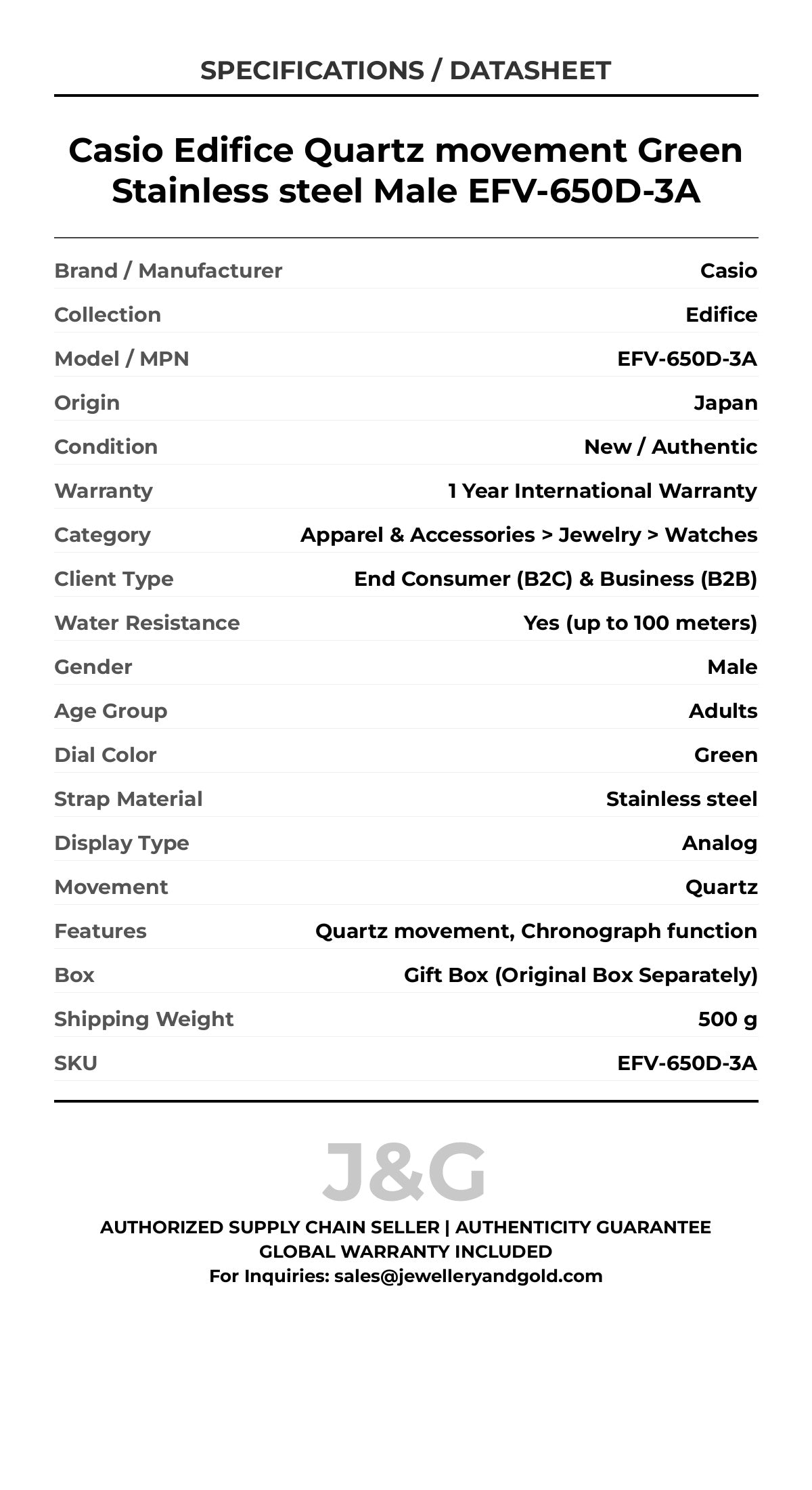 Casio Edifice Quartz movement Green Stainless steel Male EFV-650D-3A - Specifications