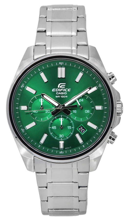 Casio Edifice Quartz movement Green Stainless steel Male EFV-650D-3A. A brand-new Casio Edifice watch featuring a Green dial and a Stainless steel strap. Front view.