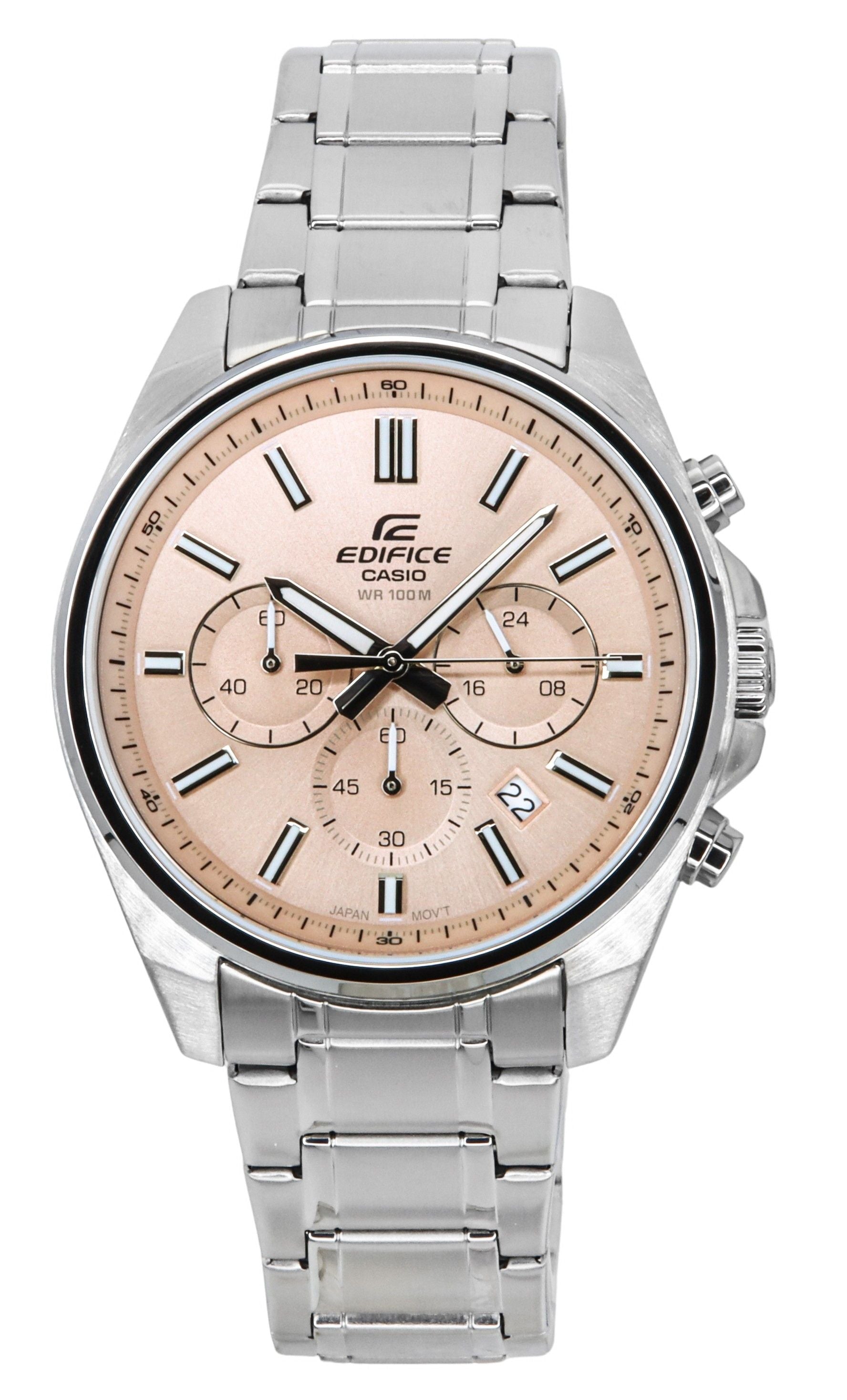 Casio Edifice Date display Pink Stainless steel Male EFV-650D-4AV. A brand-new Casio Edifice watch featuring a Pink dial and a Stainless steel strap. Front view.