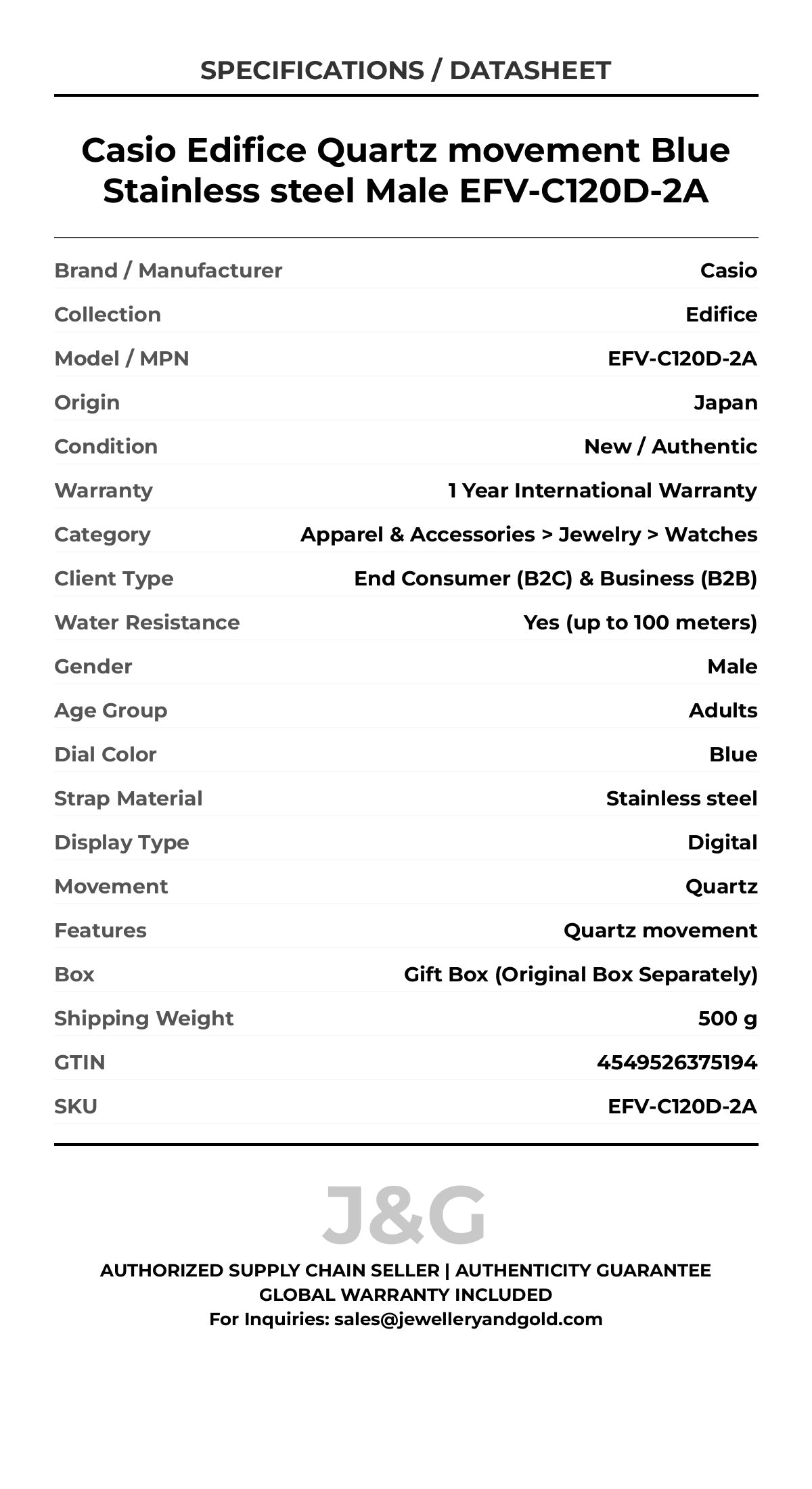Casio Edifice Quartz movement Blue Stainless steel Male EFV-C120D-2A - Specifications