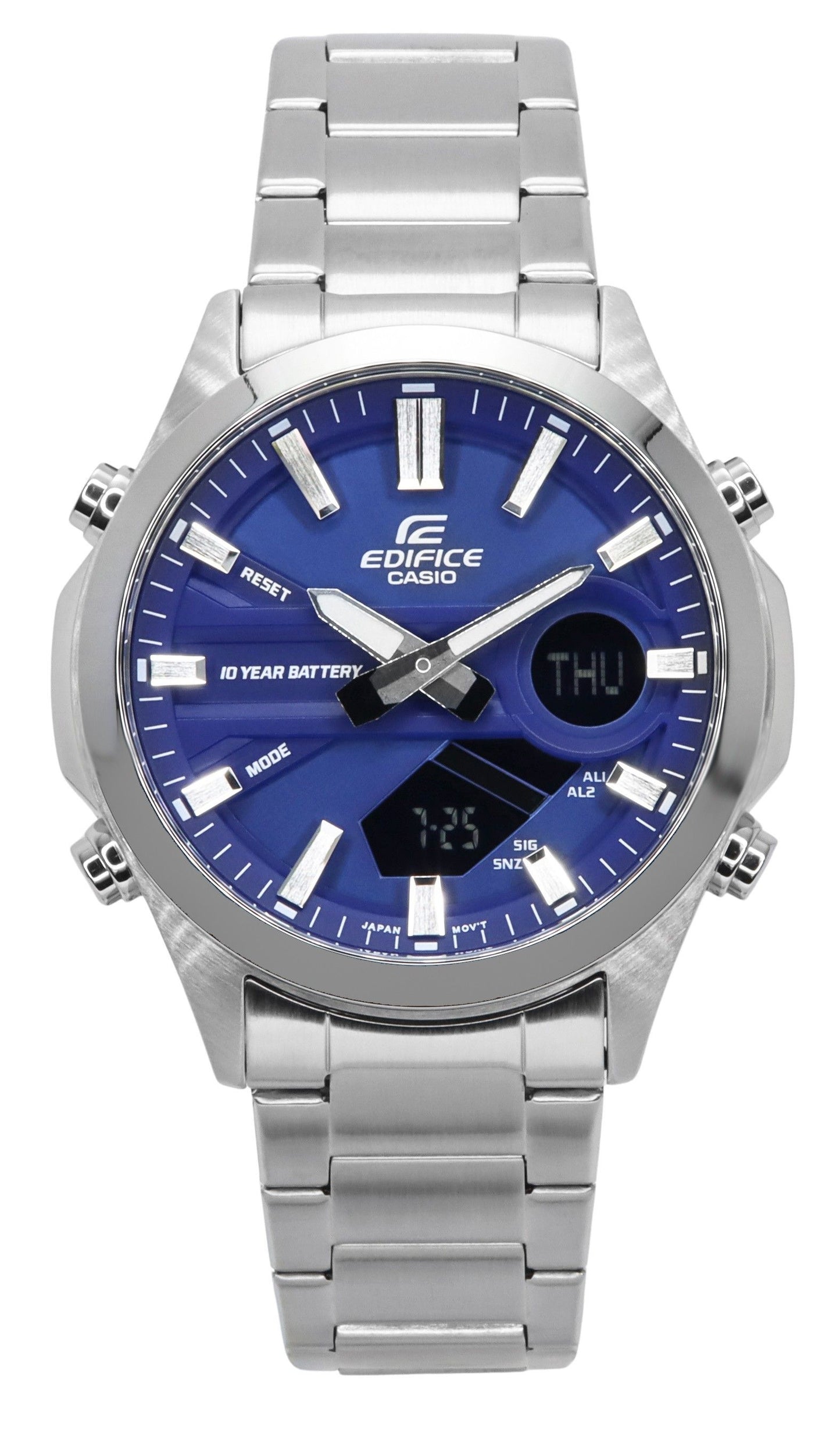 Casio Edifice Quartz movement Blue Stainless steel Male EFV-C120D-2A. A brand-new Casio Edifice watch featuring a Blue dial and a Stainless steel strap. Front view.