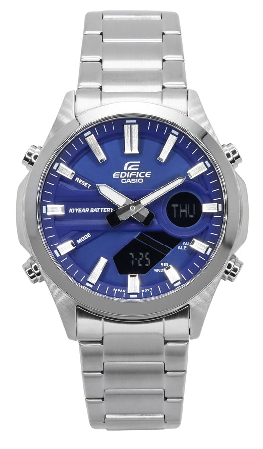 Casio Edifice Quartz movement Blue Stainless steel Male EFV-C120D-2A. A brand-new Casio Edifice watch featuring a Blue dial and a Stainless steel strap. Front view.
