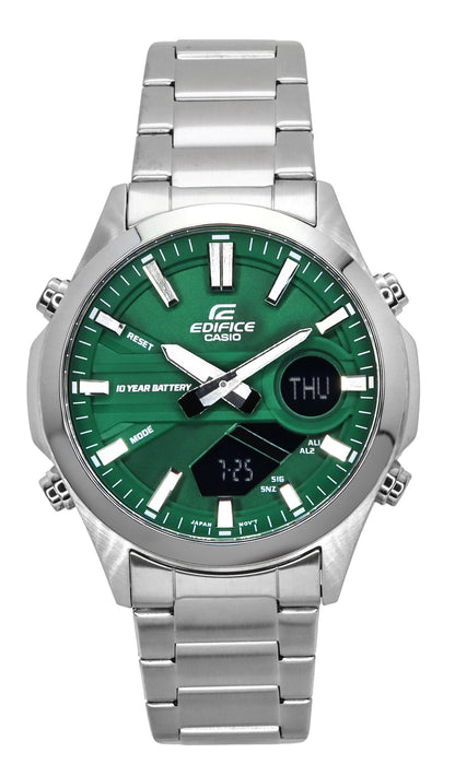 Casio Edifice Quartz movement Green Stainless steel Male EFV-C120D-3A. A brand-new Casio Edifice watch featuring a Green dial and a Stainless steel strap. Angled view.