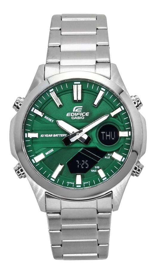Casio Edifice Quartz movement Green Stainless steel Male EFV-C120D-3A. A brand-new Casio Edifice watch featuring a Green dial and a Stainless steel strap. Angled view.