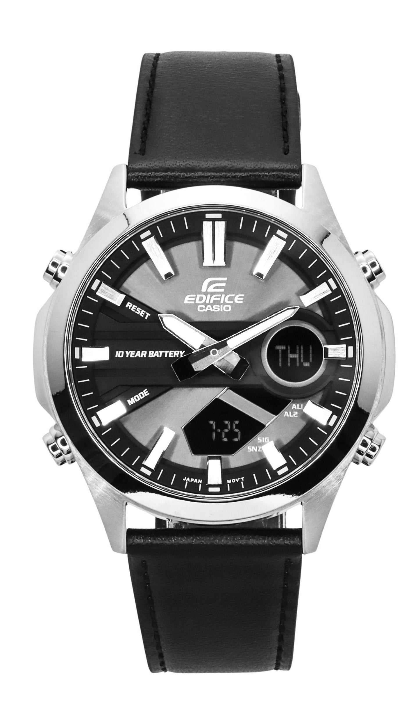 Casio Edifice Quartz movement Grey Leather Male EFV-C120L-8A. A brand-new Casio Edifice watch featuring a Grey dial and a Leather strap. Side view.