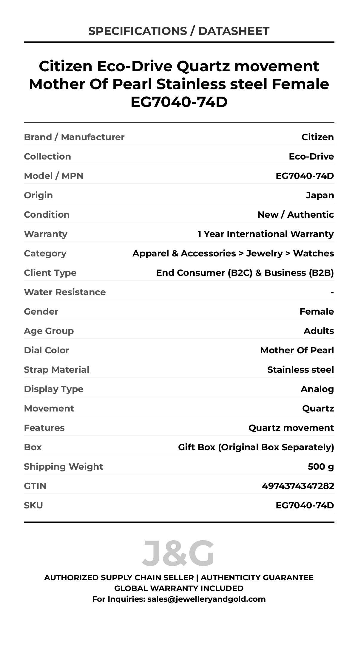 Citizen Eco-Drive Quartz movement Mother Of Pearl Stainless steel Female EG7040-74D - Specifications