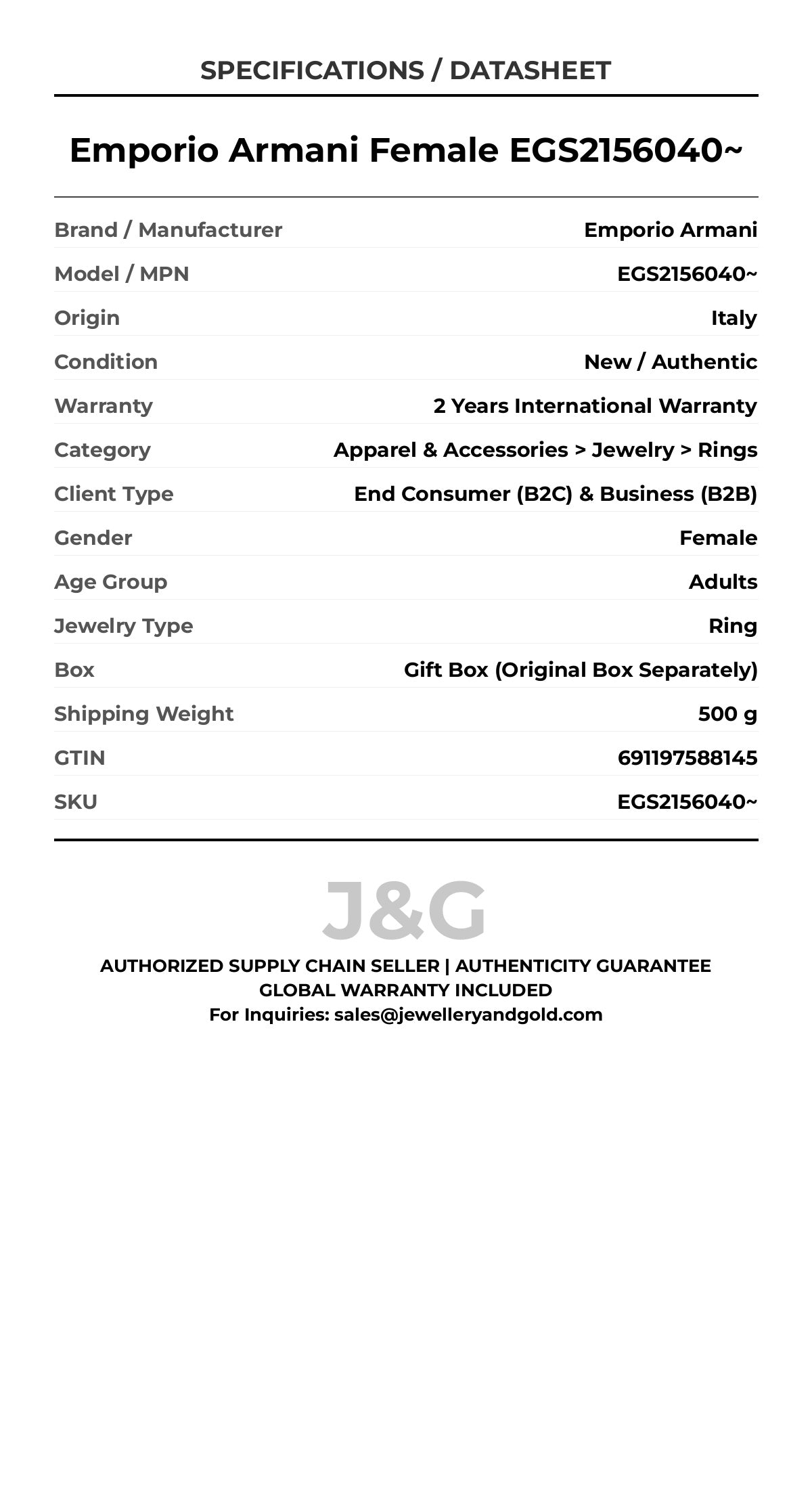 Emporio Armani Female EGS2156040~ - Specifications