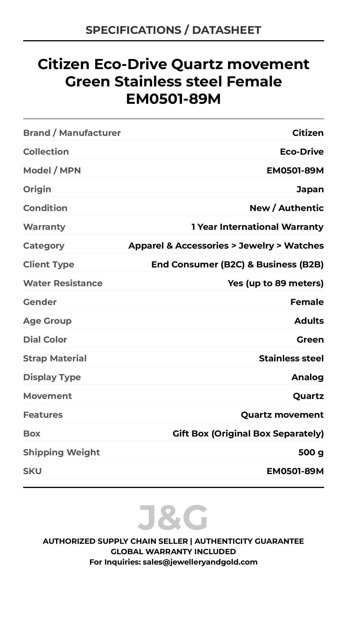 Citizen Eco-Drive Quartz movement Green Stainless steel Female EM0501-89M - Specifications