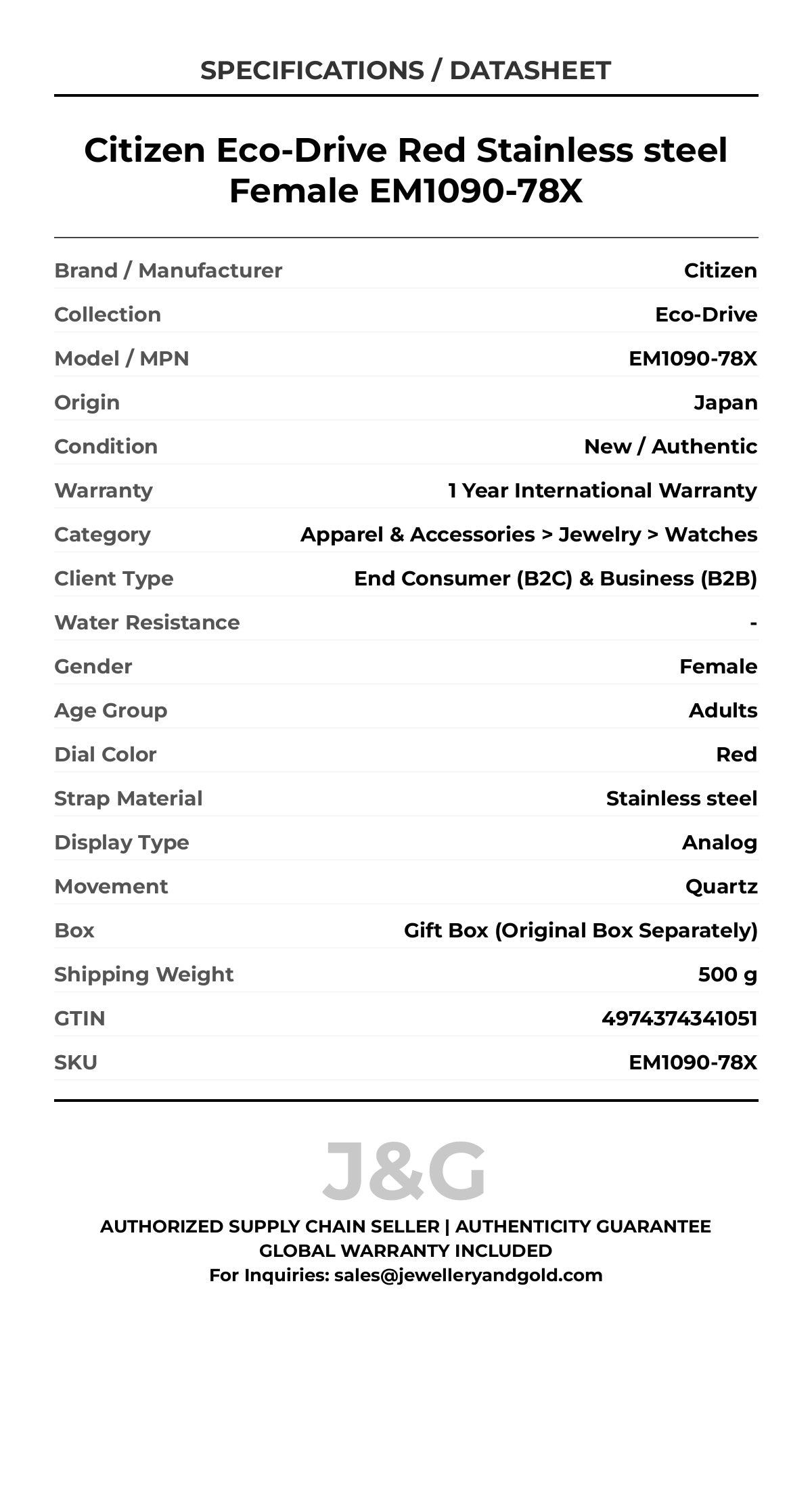 Citizen Eco-Drive Red Stainless steel Female EM1090-78X - Specifications