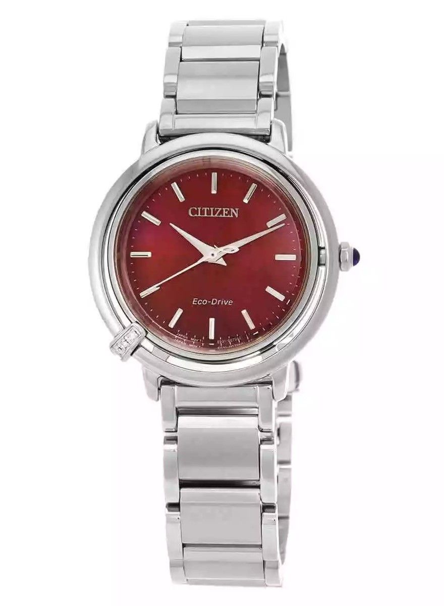 Citizen Eco-Drive Red Stainless steel Female EM1090-78X. A brand-new Citizen Eco-Drive watch featuring a Red dial and a Stainless steel strap. Front view.