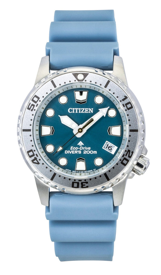 Citizen Promaster Polyurethane Strap Blue Dial Eco-Drive. A brand-new Citizen Promaster watch featuring a Blue dial and a Polyurethane (PU) strap. Side view.