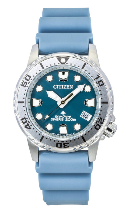 Citizen Promaster Polyurethane Strap Blue Dial Eco-Drive. A brand-new Citizen Promaster watch featuring a Blue dial and a Polyurethane (PU) strap. Angled view.