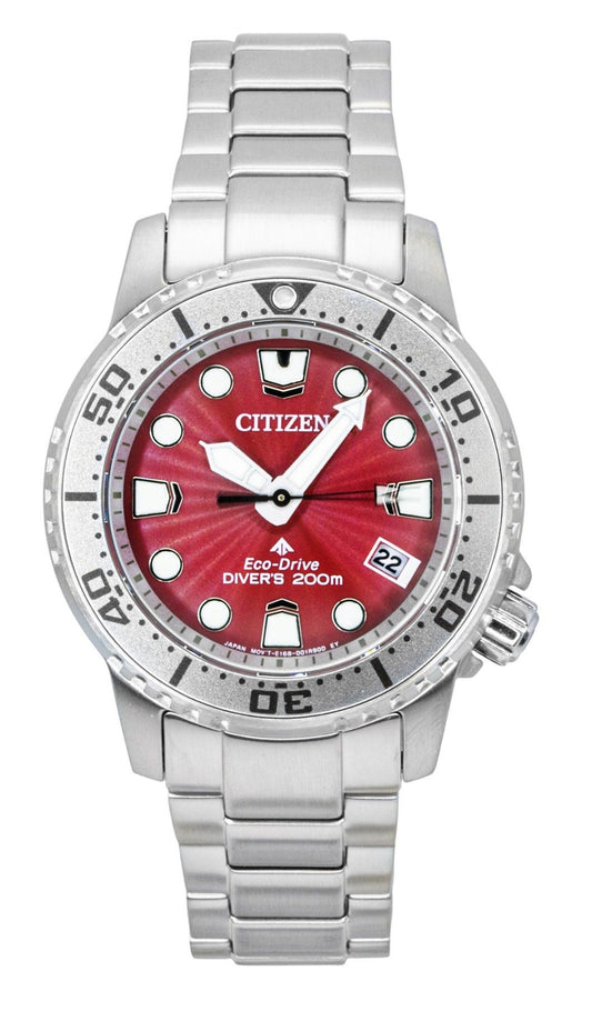 Citizen Promaster Dive Automatic movement Red Stainless steel Female EO2027-50Z. A brand-new Citizen Promaster watch featuring a Red dial and a Stainless steel strap. Side view.