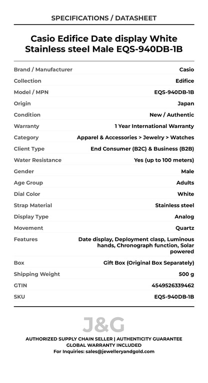 Casio Edifice Date display White Stainless steel Male EQS-940DB-1B - Specifications