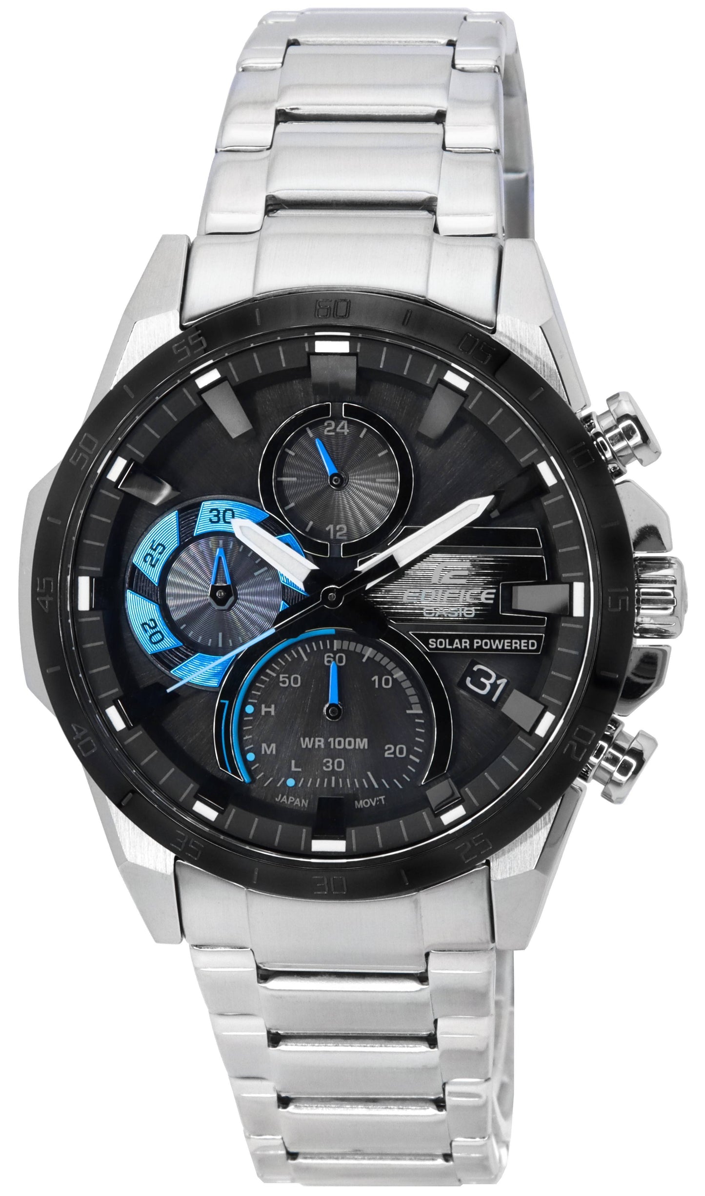 Casio Edifice Date display White Stainless steel Male EQS-940DB-1B. A brand-new Casio Edifice watch featuring a White dial and a Stainless steel strap. Side view.