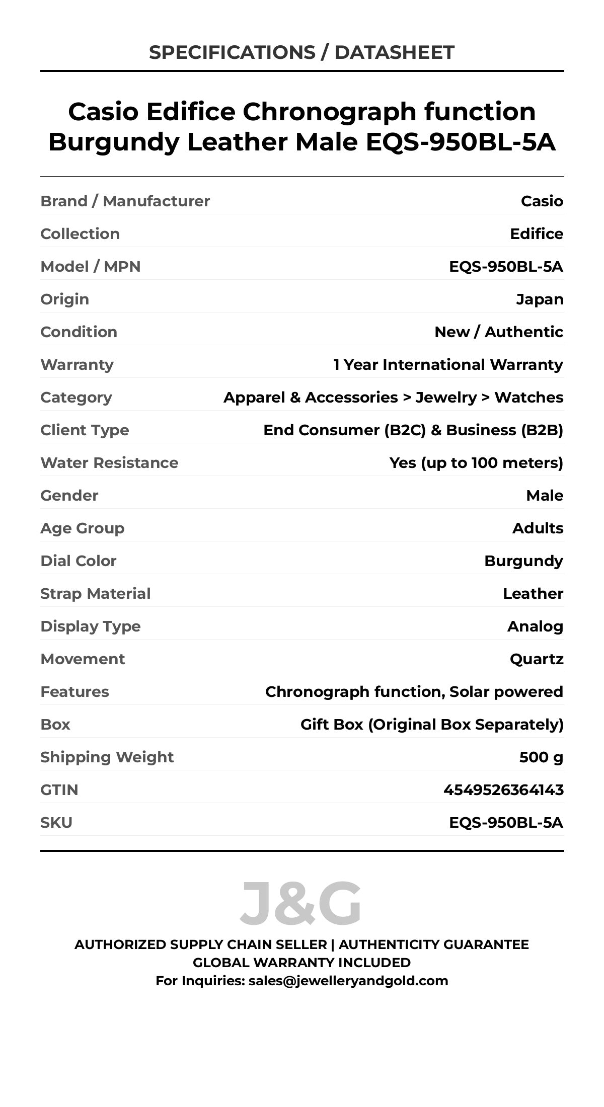 Casio Edifice Chronograph function Burgundy Leather Male EQS-950BL-5A - Specifications
