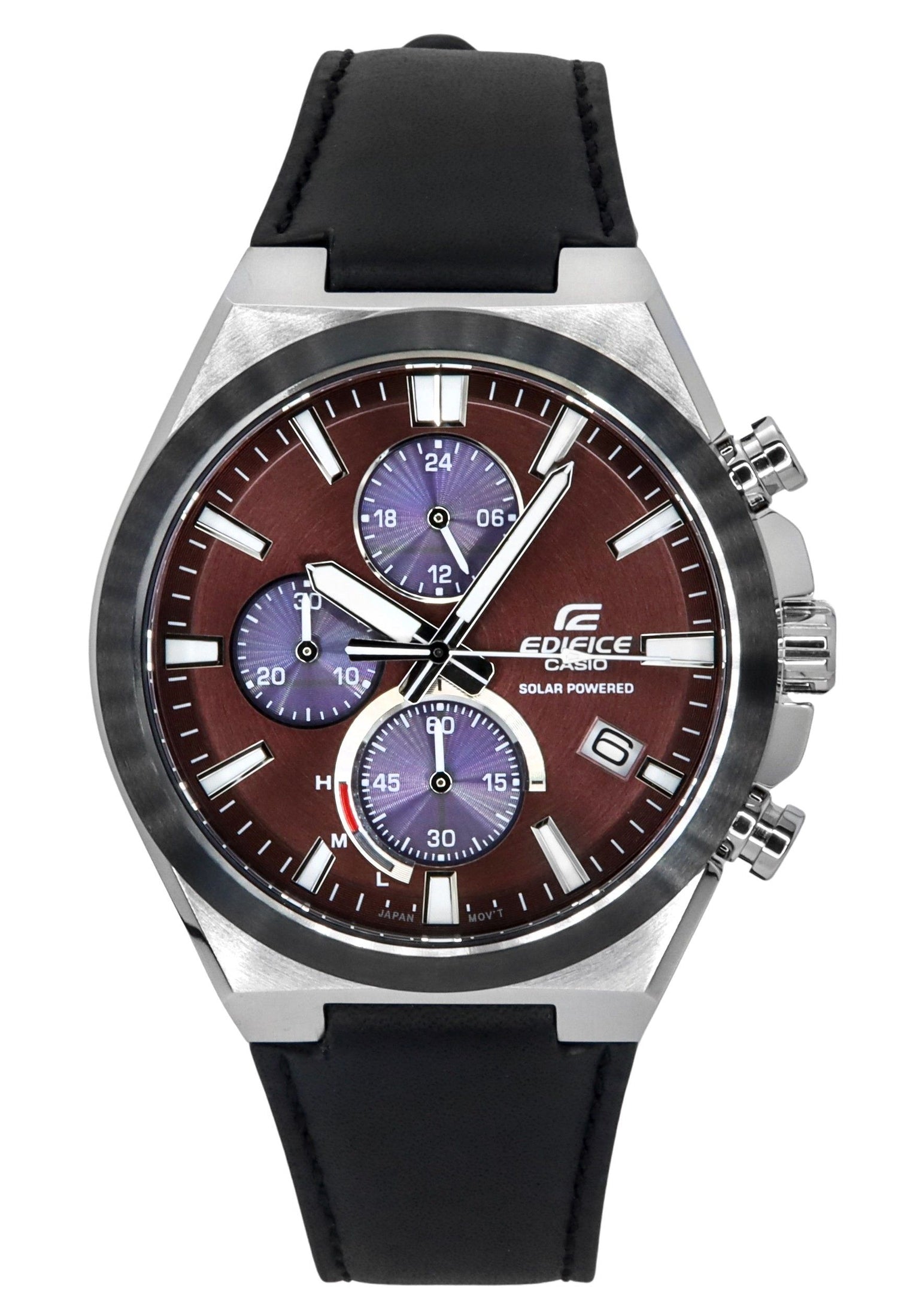 Casio Edifice Chronograph function Burgundy Leather Male EQS-950BL-5A. A brand-new Casio Edifice watch featuring a Burgundy dial and a Leather strap. Side view.