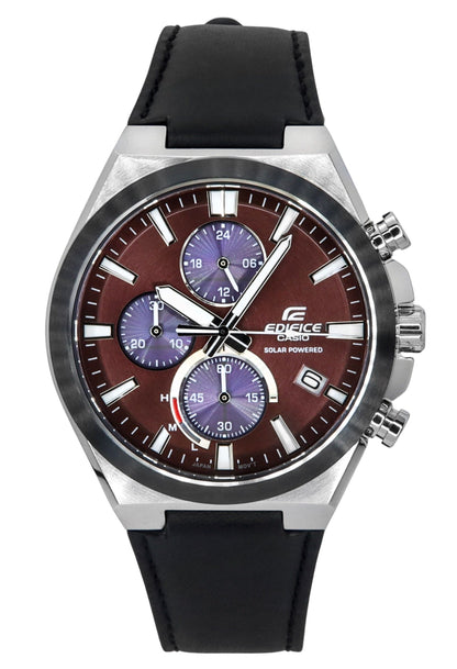 Casio Edifice Chronograph function Burgundy Leather Male EQS-950BL-5A. A brand-new Casio Edifice watch featuring a Burgundy dial and a Leather strap. Side view.