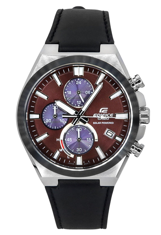 Casio Edifice Chronograph function Burgundy Leather Male EQS-950BL-5A. A brand-new Casio Edifice watch featuring a Burgundy dial and a Leather strap. Side view.